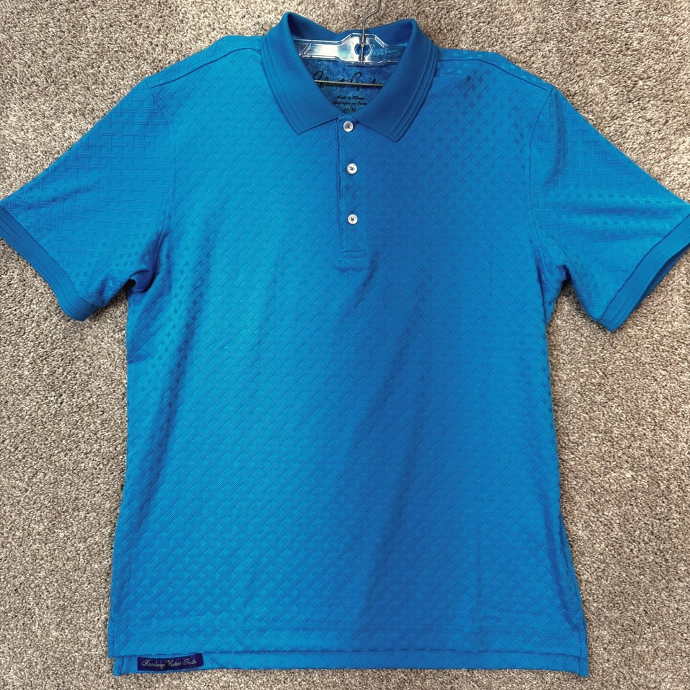 Robert Graham Polo Shirt Mens Medium Blue Basketweave Textured Stretch EUC